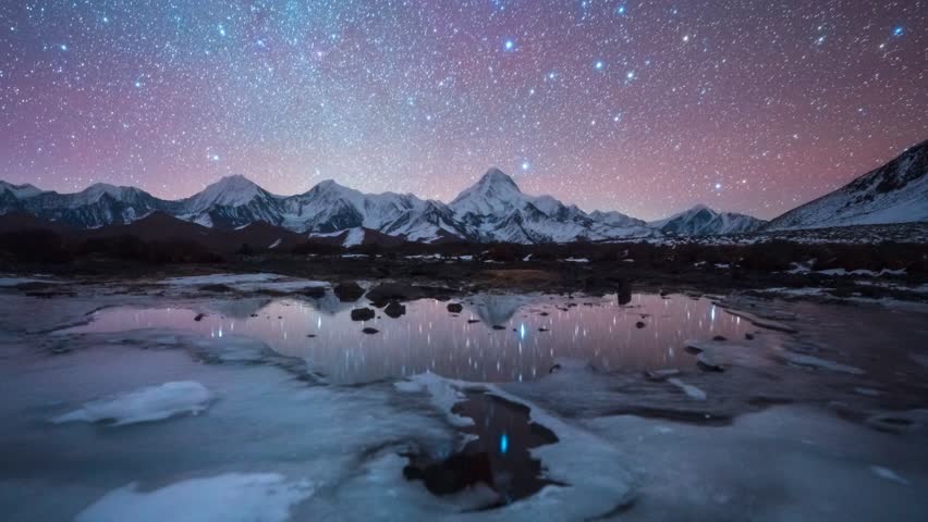 6k60p延时摄影日转夜日落水面雪山倒影冰面星空移动视频