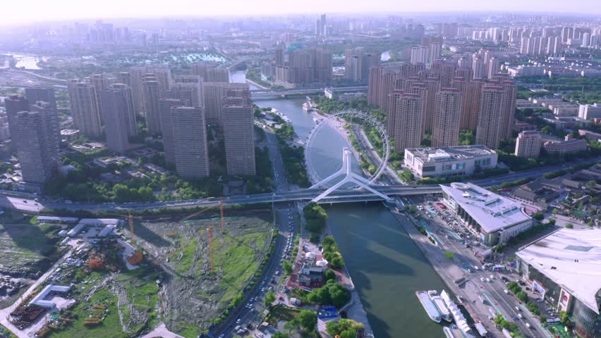 4k航拍天津市河北区天津之眼摩天轮城市全景