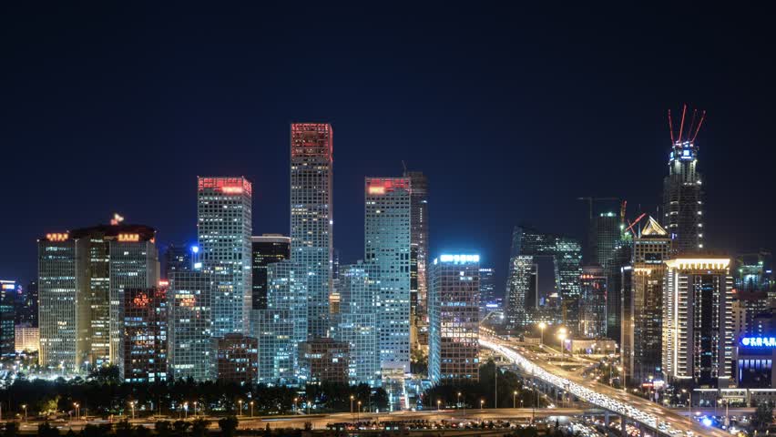 北京cbd高楼夜晚城市天际线4k延时